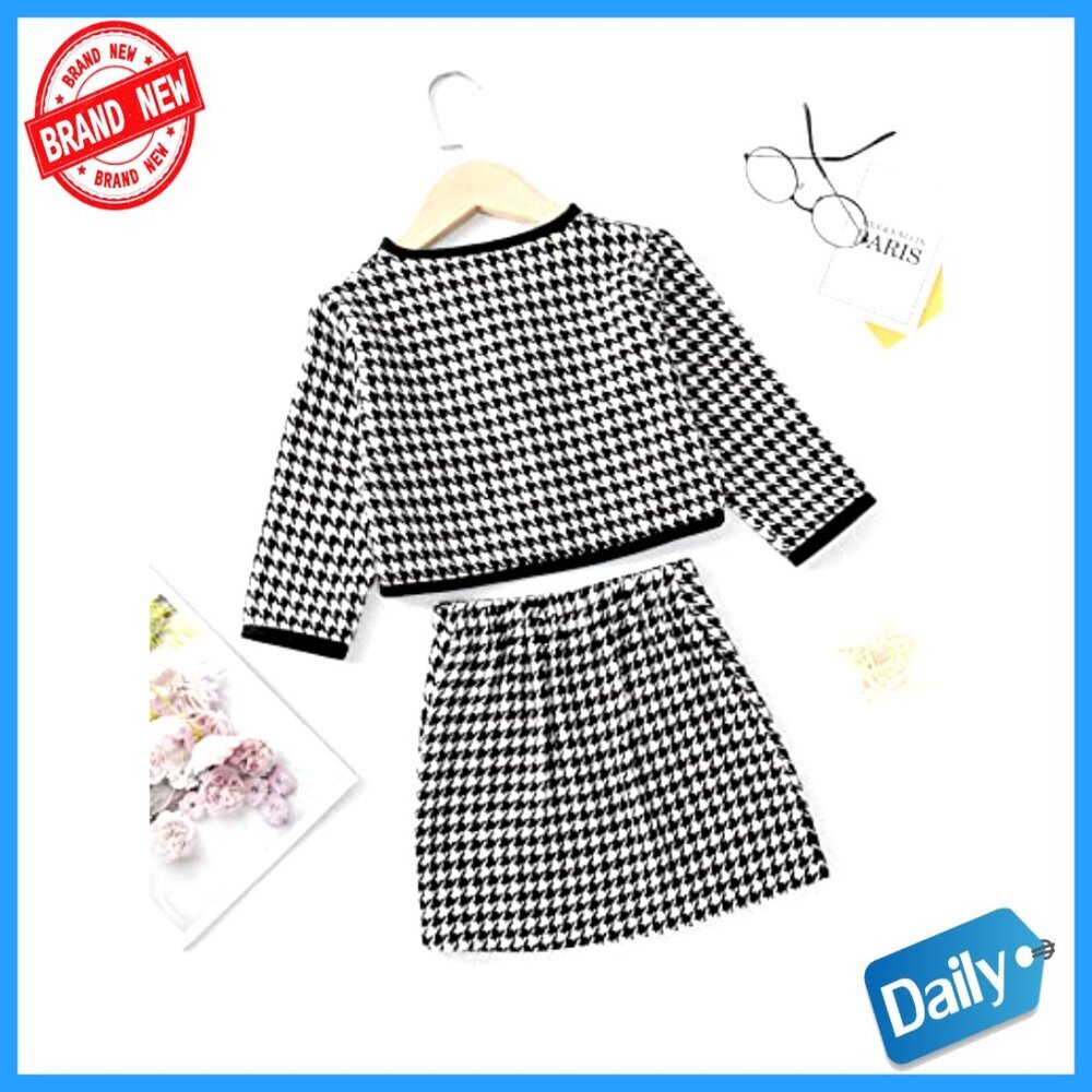 Girls Houndstooth Tweed Jacket Skirt Set Tea Party Outfit 2 Piece - Picture 2 of 5
